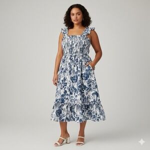 The Drop Kimi Smocked Midi Dress 3X Blue Floral Boho Cottagecore Cotton